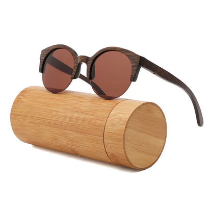Handcrafted Walnut Wood Sunglasses - Polarized Round Semi-Rimless Vintage Eyewear