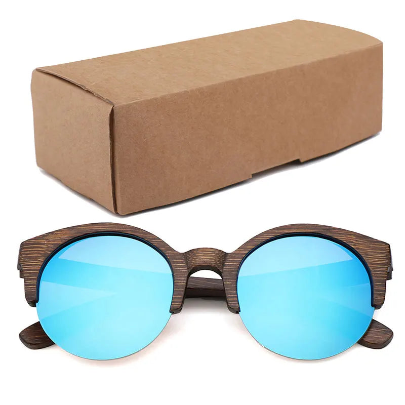 Handcrafted Walnut Wood Sunglasses - Polarized Round Semi-Rimless Vintage Eyewear