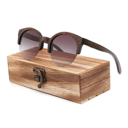 Handcrafted Walnut Wood Sunglasses - Polarized Round Semi-Rimless Vintage Eyewear