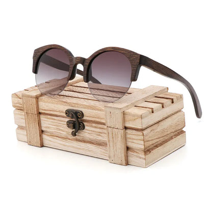Handcrafted Walnut Wood Sunglasses - Polarized Round Semi-Rimless Vintage Eyewear