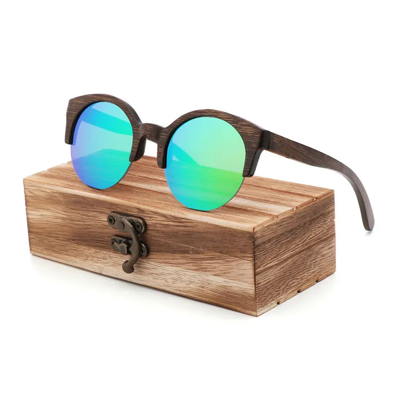 Handcrafted Walnut Wood Sunglasses - Polarized Round Semi-Rimless Vintage Eyewear