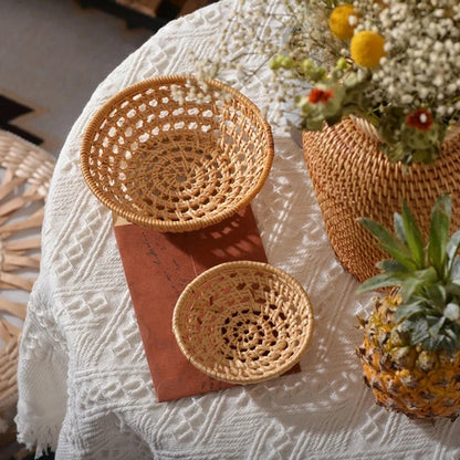 Hand-Woven Rattan Hollow Fruit Basket - Boho Kitchen Storage & Bread Bowl 1Pc