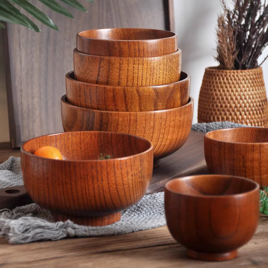 Japanese Wooden Soup Bowls – Natural Jujube Wood Salad Bowls for Kids & Adults | Small Retro Solid Wood Tableware for Home & Kitchen
