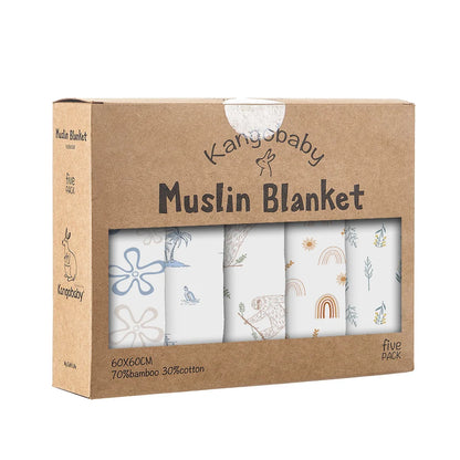 Bamboo Muslin Squares (5-Pack) - 60x60cm Soft Baby Washcloths & Burp Cloths - Gift Box Set by Kangobaby