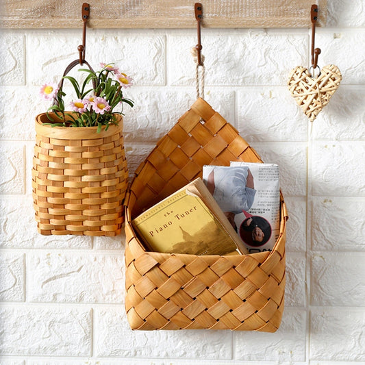 Nordic Woven Wood Chip Wall Hanging Basket - Rustic Farmhouse Storage Pocket & Planter - Natural Decoration