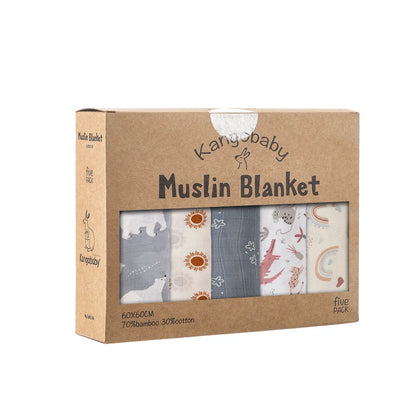 Bamboo Muslin Squares (5-Pack) - 60x60cm Soft Baby Washcloths & Burp Cloths - Gift Box Set by Kangobaby