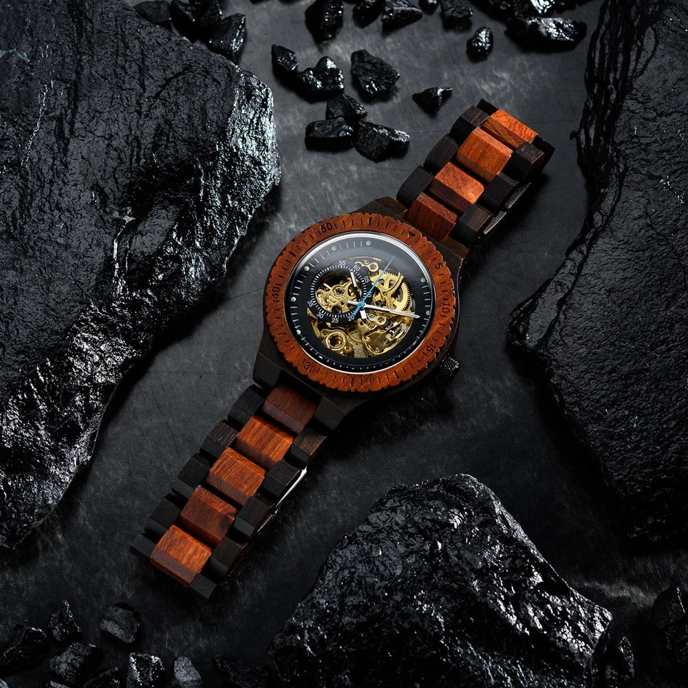 Mechanical Wood Watch | Automatic Skeleton Dial | Custom Engraved Side Plate | Ebony & Red Sandalwood | Nordic Plock