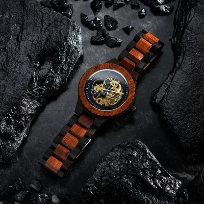 Mechanical Wood Watch | Automatic Skeleton Dial | Custom Engraved Side Plate | Ebony & Red Sandalwood | Nordic Plock