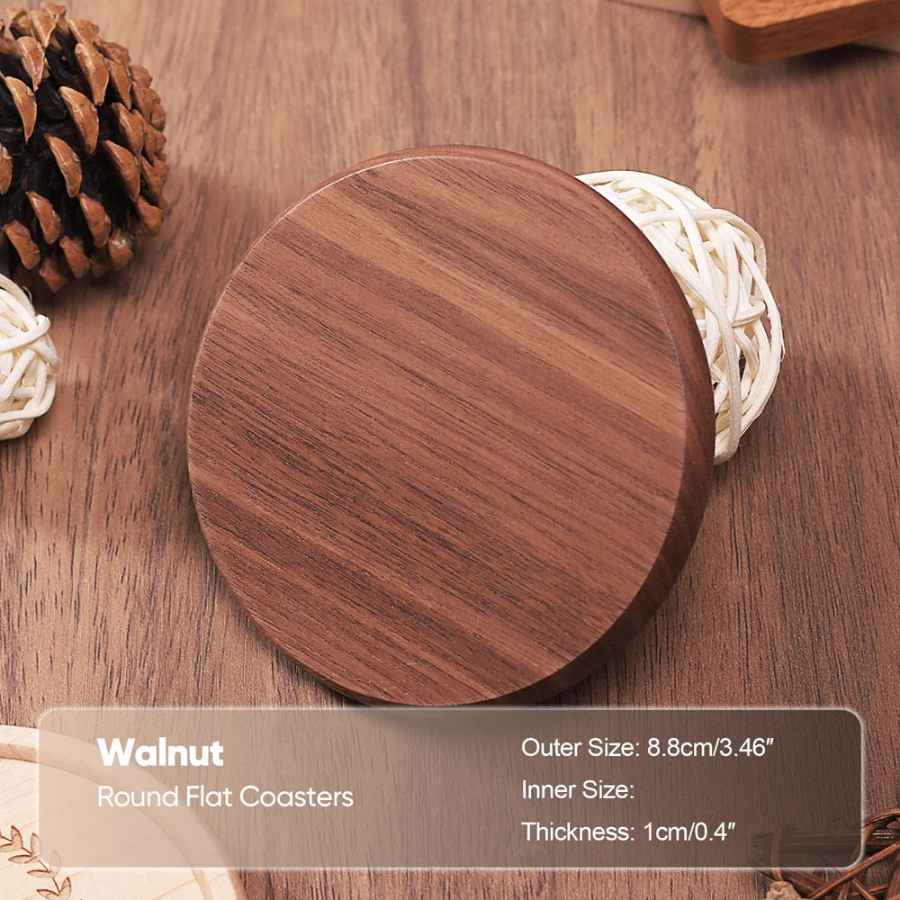 Premium Solid Walnut & Beech Wood Coaster – Round or Square Drink Cup Mat, Heat-Resistant Coffee & Tea Cup Pad, 8.8cm Durable Drink Placemats