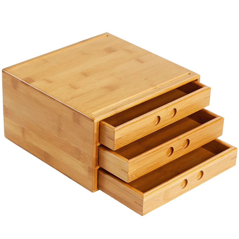 Bamboo Desktop Organizer 3-Tier - Eco-Friendly Wooden Storage Box with Drawers for Office, Jewelry & Tea (Natural Finish)