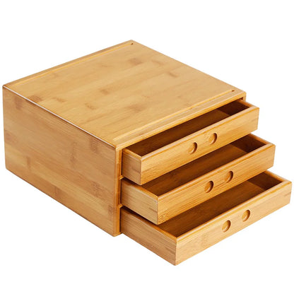 Bamboo Desktop Organizer 3-Tier - Eco-Friendly Wooden Storage Box with Drawers for Office, Jewelry & Tea (Natural Finish)