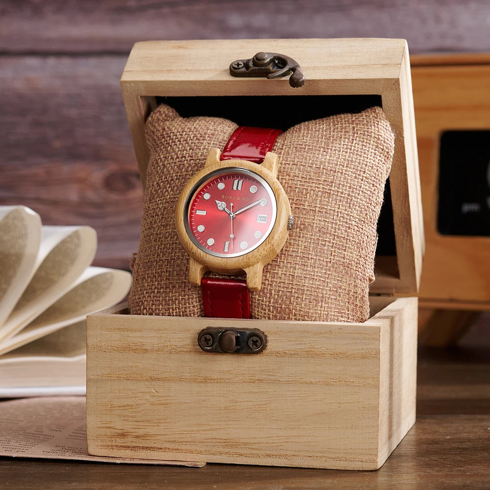 Women's Bamboo Wooden Watch - Red/Blue Dial & Leather Strap - Lightweight Quartz Date Display with Gift Box