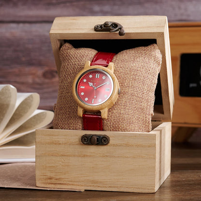 Women's Bamboo Wooden Watch - Red/Blue Dial & Leather Strap - Lightweight Quartz Date Display with Gift Box