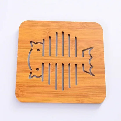 Nordic Plock Bamboo Cute Animal Trivet - Heat Resistant Wood Pot Holder - Cat & Fish Pattern - Eco Friendly Table Protection