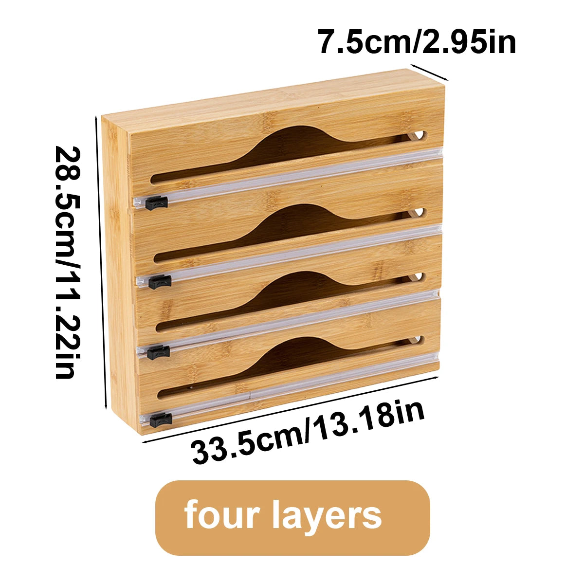 Bamboo Kitchen Wrap Dispenser with Foil & Cling Film Cutter – Plastic Wrap, Aluminum Foil & Bag Organizer – Fresh Bag, Trash Bag Holder – Refillable Wooden Storage Box - 1pc