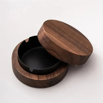 Windproof Walnut Wood Ashtray with Lid – Stainless Steel Liner, Covered Cigarette & Cigar Ash Tray for Indoor & Outdoor Home Use