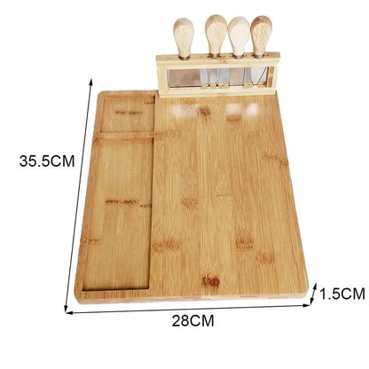 Bamboo Cheese Board Set & Knife Stand - 4 Stainless Steel Serving Tools - Large Charcuterie Platter with Cracker Groove - Eco-Friendly Hosting Essential