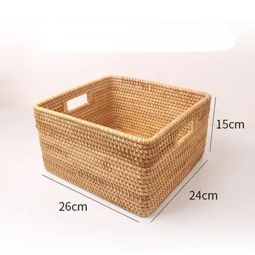 Nordic Handwoven Rattan Storage Basket - Rectangular Wicker Organizer Box for Shelves & Laundry