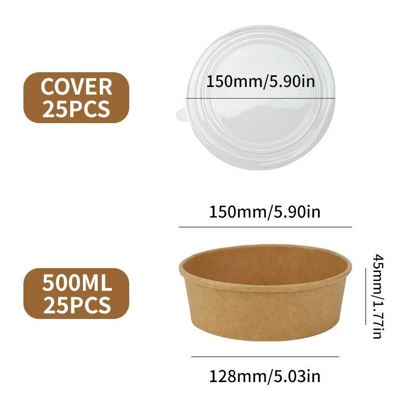 Disposable Kraft Paper Bowls with Lids (25 Sets) – Eco-Friendly Food Containers for Soup, Salad & Hot Foods