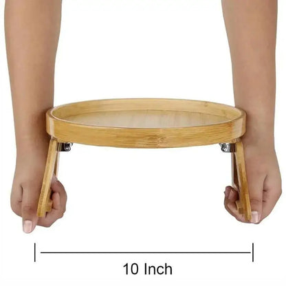 Round Bamboo Sofa Arm Tray Table - Clip-On Couch Armrest Organizer with Spill-Proof Lip - Natural Wood Snack & Drink Holder for Wide/Round Arms
