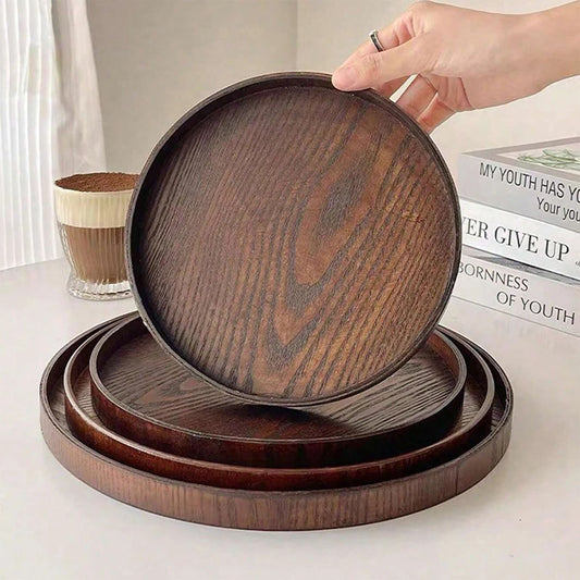 Round Wooden Serving Tray – 21cm / 27cm / 30cm Rustic Wooden Platter for Coffee, Tea, Breakfast, Dinner & Food Serving – Decorative Kitchen & Home Table Tray