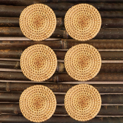 3/6 Pcs Rattan Weave Drink Coasters – Round Heat Insulation Cup Mats, Tea Accessories Tableware Set 8cm