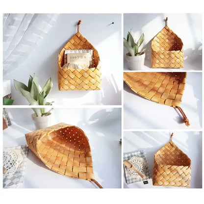 Nordic Woven Wood Chip Wall Hanging Basket - Rustic Farmhouse Storage Pocket & Planter - Natural Decoration