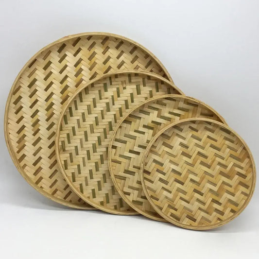 Handwoven Bamboo Winnowing Basket Set (13-30cm) - Rustic Boho Wall Decor & Serving Tray