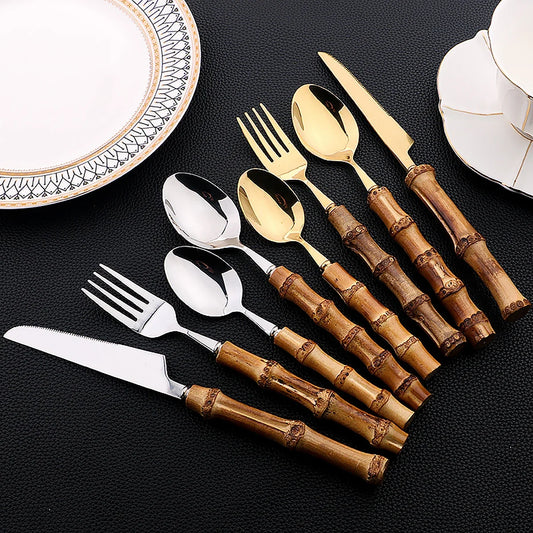 16Pcs Nature Bamboo Handle Cutlery Stainless Steel Dinnerware Sets Knife Fork Spoon Purely Natural Bamboo Tableware Set