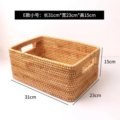 Nordic Handwoven Rattan Storage Basket - Rectangular Wicker Organizer Box for Shelves & Laundry