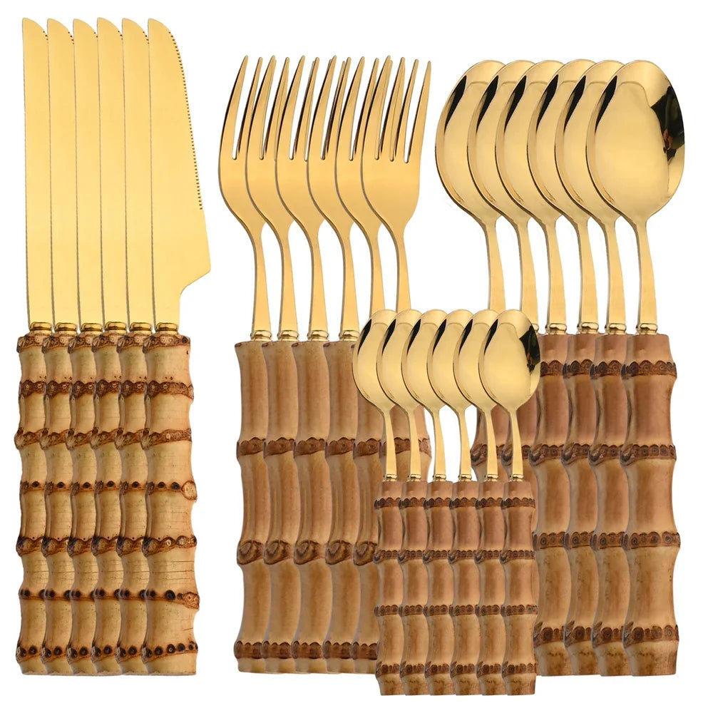 24-Piece Bamboo Handle Stainless Steel Cutlery Set – Eco-Friendly Natural Bamboo Flatware Set with Steak Knives & Dinnerware Utensils
