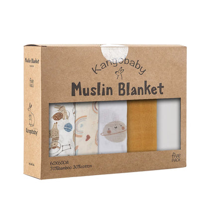 Bamboo Muslin Squares (5-Pack) - 60x60cm Soft Baby Washcloths & Burp Cloths - Gift Box Set by Kangobaby