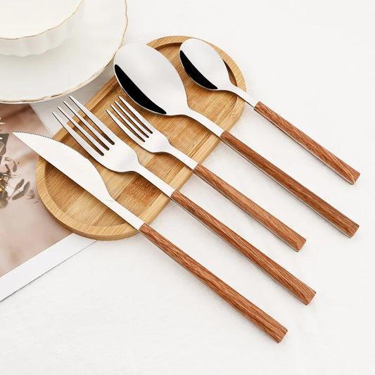 16/24/30 Piece Stainless Steel Cutlery Set with Imitation Wooden Handle – Modern Western Dinnerware, Knives, Forks, Tea Spoons & Tableware Clamp