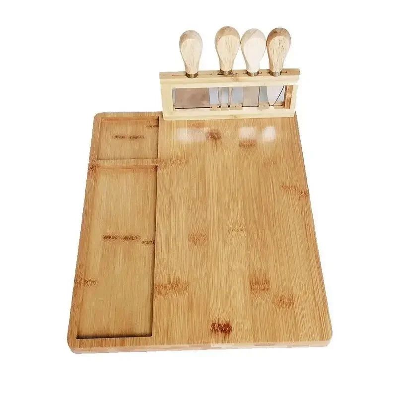 Bamboo Cheese Board Set & Knife Stand - 4 Stainless Steel Serving Tools - Large Charcuterie Platter with Cracker Groove - Eco-Friendly Hosting Essential