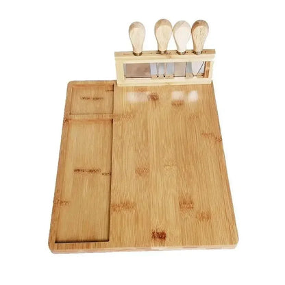 Bamboo Cheese Board Set & Knife Stand - 4 Stainless Steel Serving Tools - Large Charcuterie Platter with Cracker Groove - Eco-Friendly Hosting Essential