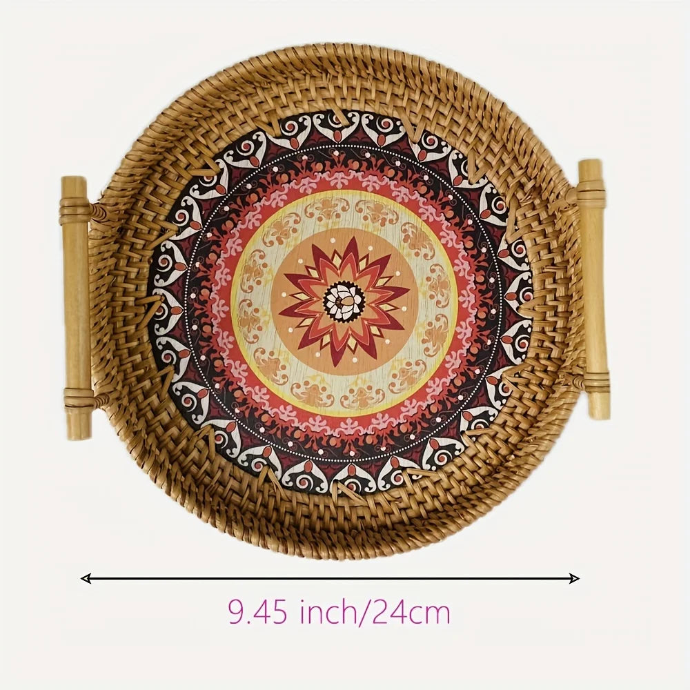Handwoven Rattan Serving Tray with Mandala Base - Boho Round Basket with Handles