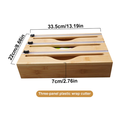 Bamboo Kitchen Wrap Dispenser with Foil & Cling Film Cutter – Plastic Wrap, Aluminum Foil & Bag Organizer – Fresh Bag, Trash Bag Holder – Refillable Wooden Storage Box - 1pc