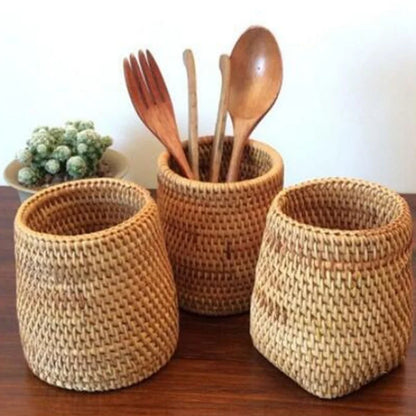 Rattan Kitchen Utensil Organizer – Storage Box for Chopsticks, Spoons, Forks, Knives & Tableware