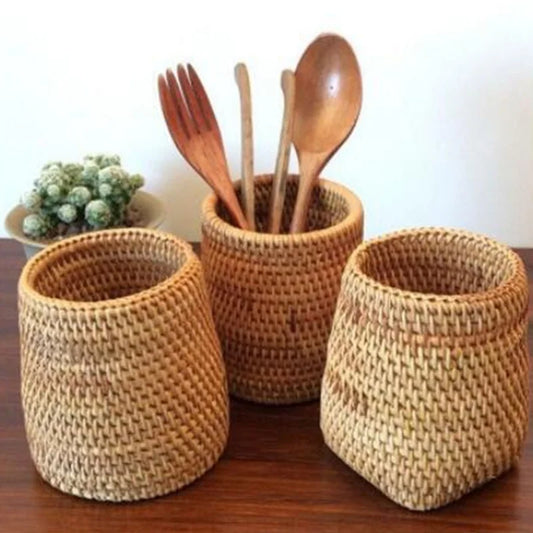 Rattan Kitchen Utensil Organizer – Storage Box for Chopsticks, Spoons, Forks, Knives & Tableware