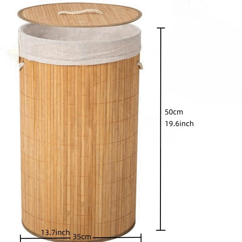 Eco-Luxe Natural Bamboo Laundry Hamper 58L, Round 35x50cm - Foldable with Lid & Removable Liner