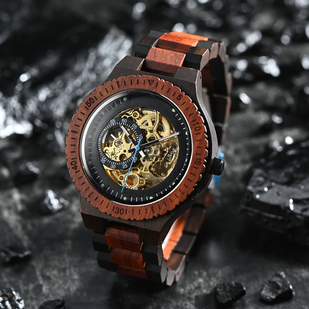 Mechanical Wood Watch | Automatic Skeleton Dial | Custom Engraved Side Plate | Ebony & Red Sandalwood | Nordic Plock