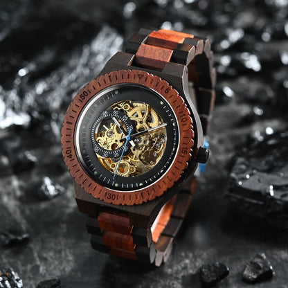Mechanical Wood Watch | Automatic Skeleton Dial | Custom Engraved Side Plate | Ebony & Red Sandalwood | Nordic Plock