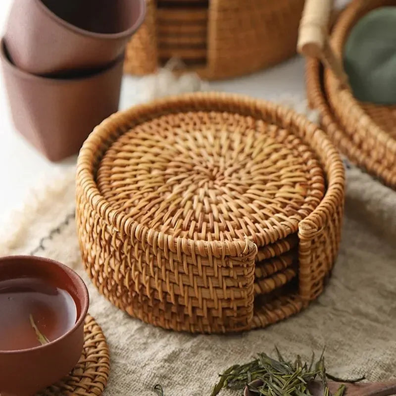 3/6 Pcs Rattan Weave Drink Coasters – Round Heat Insulation Cup Mats, Tea Accessories Tableware Set 8cm