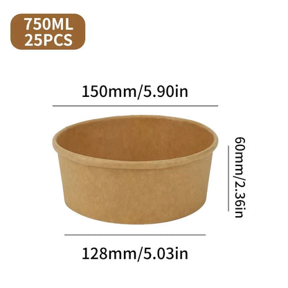 25pcs Disposable Lunch Box Kraft Paper for Bowl Soup, Salad, Noodle Bowl