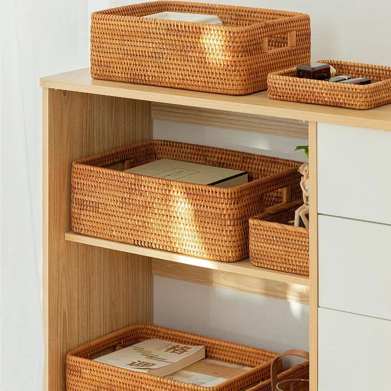Nordic Handwoven Rattan Storage Basket - Rectangular Wicker Organizer Box for Shelves & Laundry
