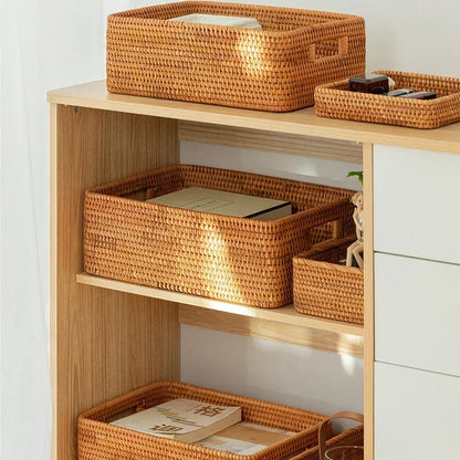 Nordic Handwoven Rattan Storage Basket - Rectangular Wicker Organizer Box for Shelves & Laundry