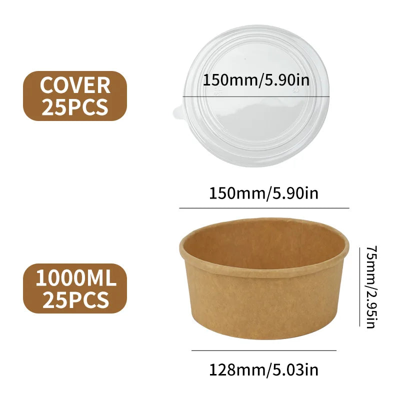 25pcs Disposable Lunch Box Kraft Paper for Bowl Soup, Salad, Noodle Bowl