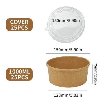 25pcs Disposable Lunch Box Kraft Paper for Bowl Soup, Salad, Noodle Bowl