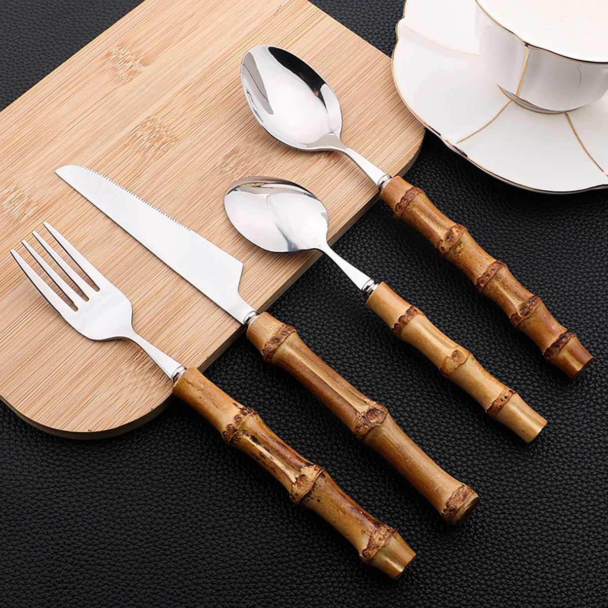 16Pcs Nature Bamboo Handle Cutlery Stainless Steel Dinnerware Sets Knife Fork Spoon Purely Natural Bamboo Tableware Set