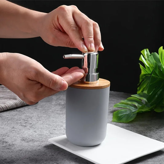 Nordic Grey Soap Dispenser with Bamboo Lid - Matte Finish 300ml - Minimalist Bathroom Organizer